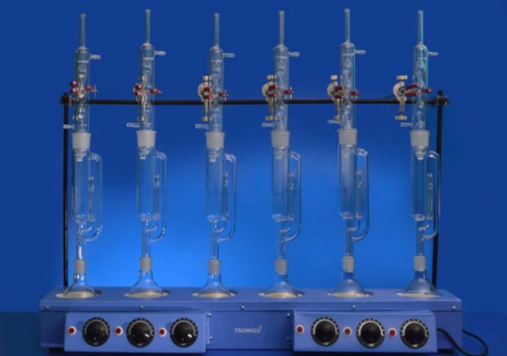 shows a multi-channel Soxhlet extraction setup enabling simultaneous extraction of multiple samples for higher efficiency