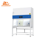 AELAB BSC Series safety cabinet LCD screen displaying airflow settings, UV timer, and filter status