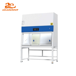 AELAB BSC Series safety cabinet LCD screen displaying airflow settings, UV timer, and filter status