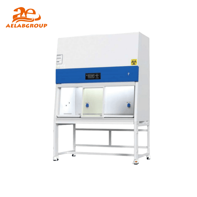 AELAB BSC Series safety cabinet LCD screen displaying airflow settings, UV timer, and filter status