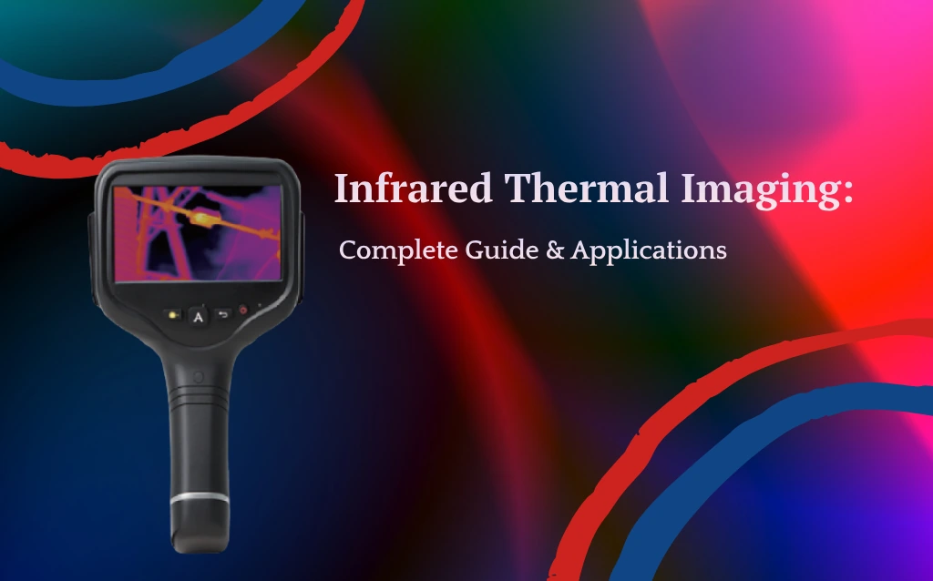 Handheld device displaying a thermal image on screen, against a vibrant abstract background with text overlay. AELAB