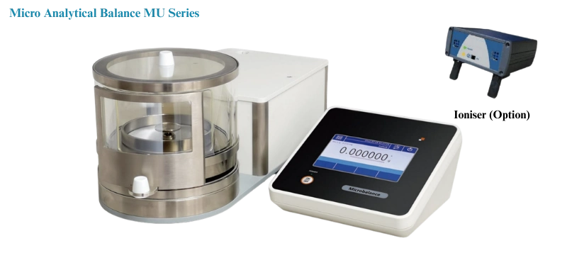 AELAB Micro Analytical Balance MU Series with touchscreen display, draft chamber, and optional ionizer for ultra-precise laboratory weighing.