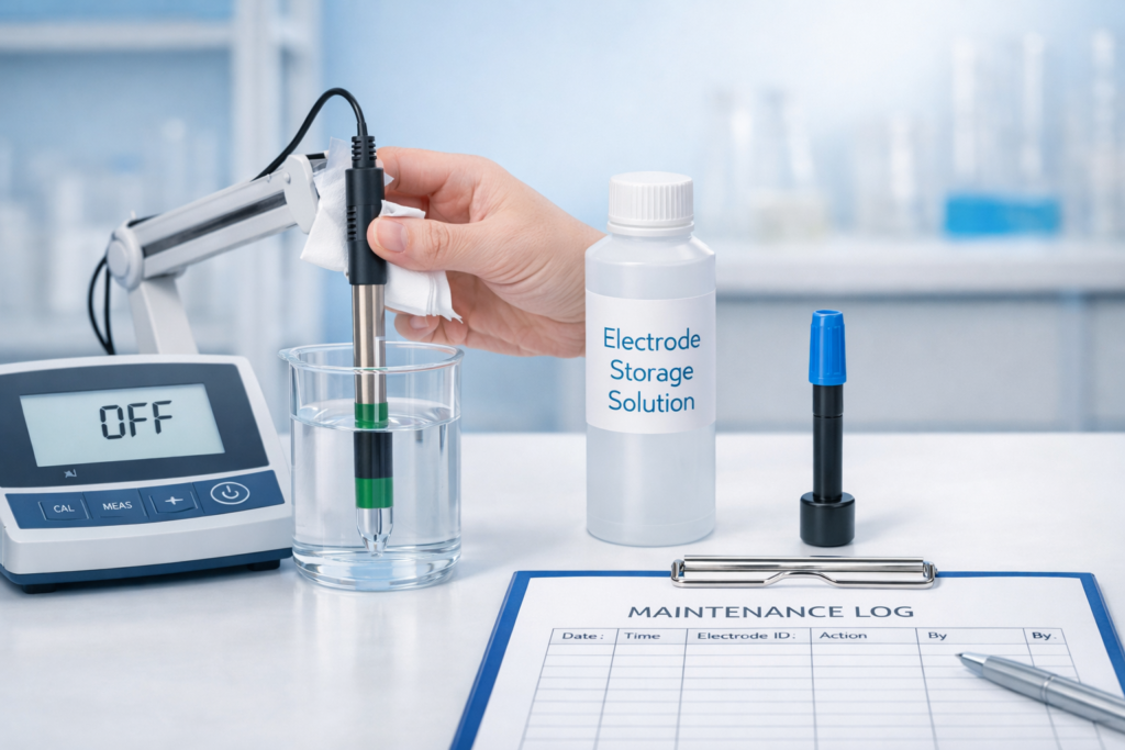 Laboratory pH electrode maintenance cleaning and storage for accurate pH measurements
