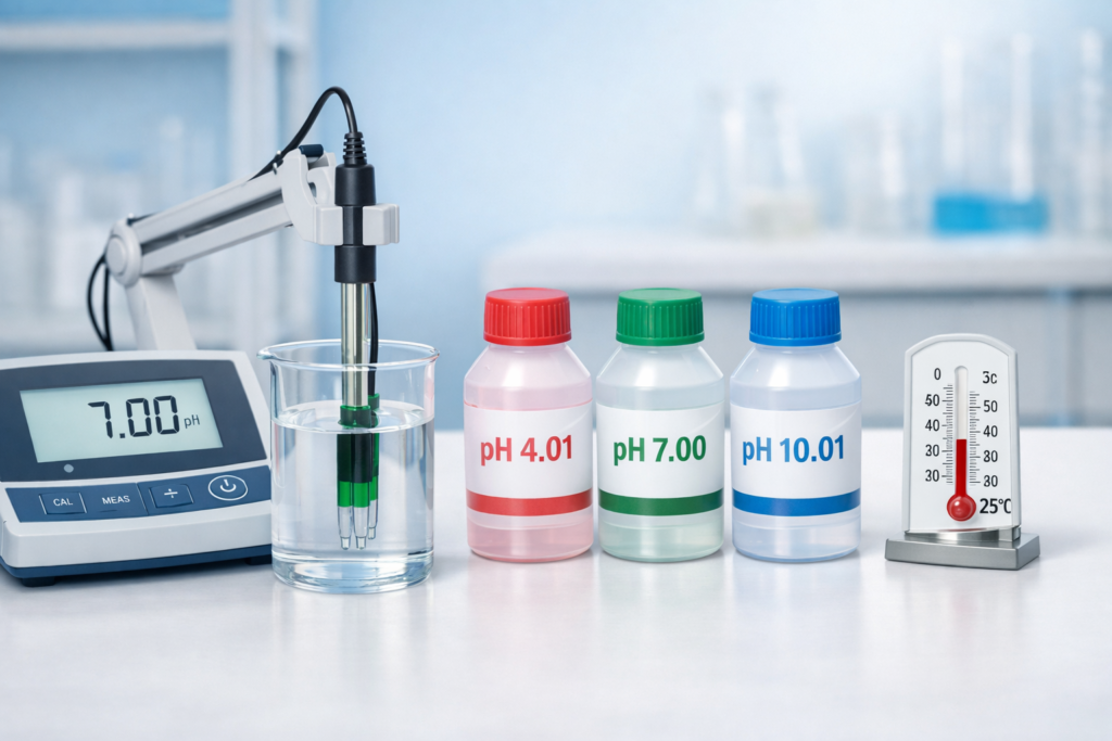 Laboratory pH meter calibration with buffer solutions pH 4.01, 7.00, and 10.01