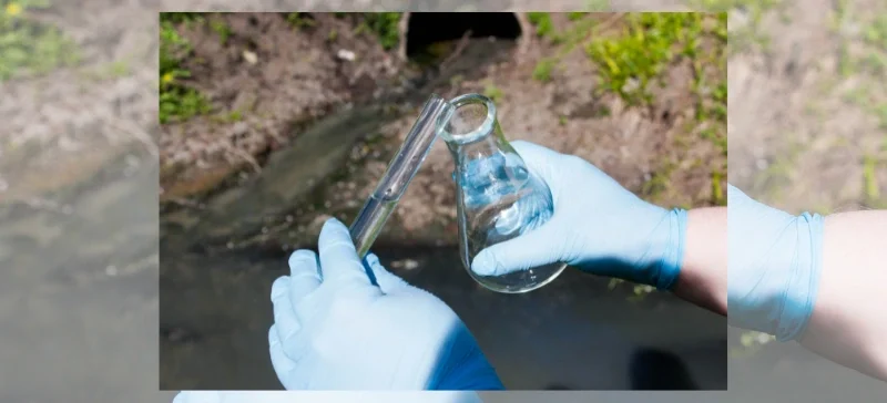 Collecting a water sample near an industrial discharge for measuring Chemical Oxygen Demand in a laboratory setting AELAB