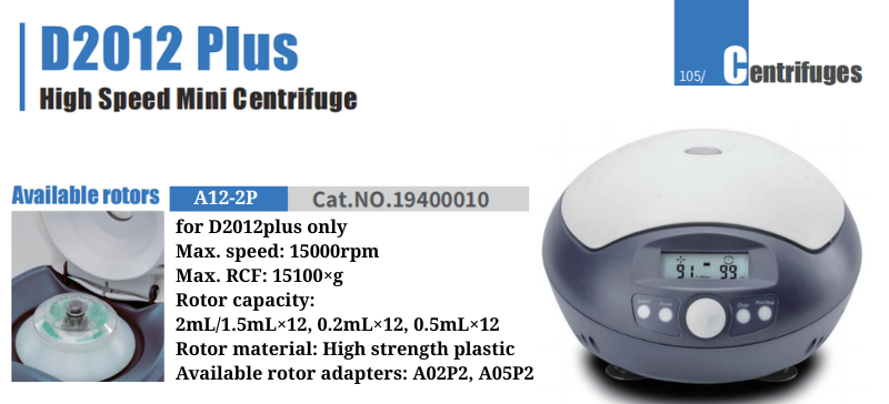 D2012 Plus high-speed mini centrifuge with A12-2P rotor: 15,000rpm, 15,100×g, 12×2mL capacity – lab specs AELAB