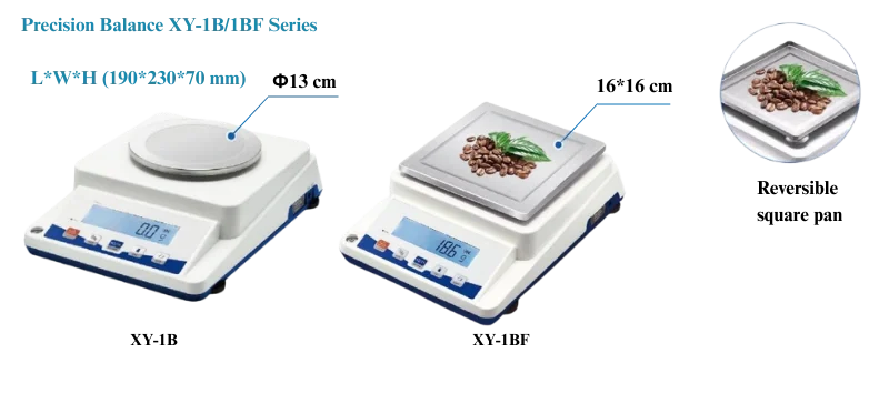 Precision Balance XY-1B and XY-1BF Series with round and reversible square weighing pan for laboratory and food weighing applications.