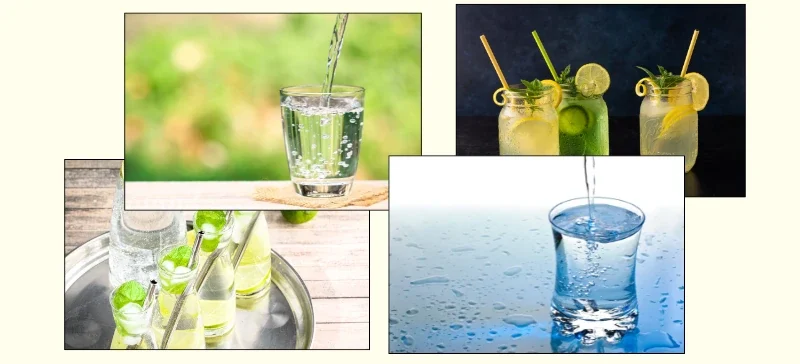 Various clear beverages including water and citrus drinks, illustrating liquid clarity in the food and beverage industry AELAB