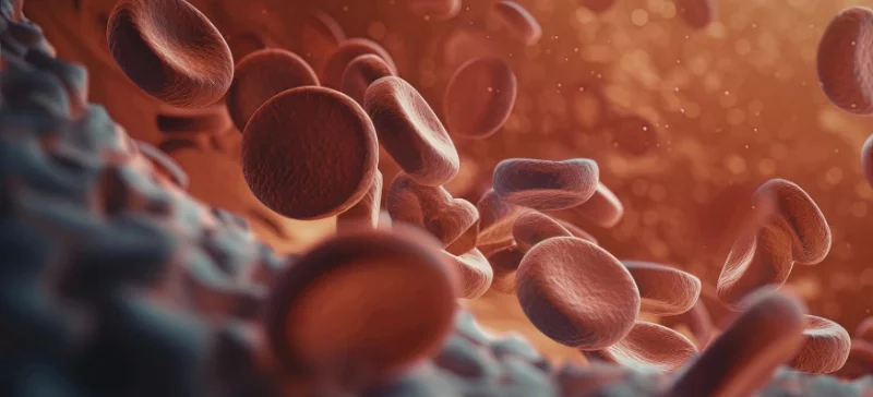 Red blood cells flowing in bloodstream illustrating blood clotting and coagulation process AELAB