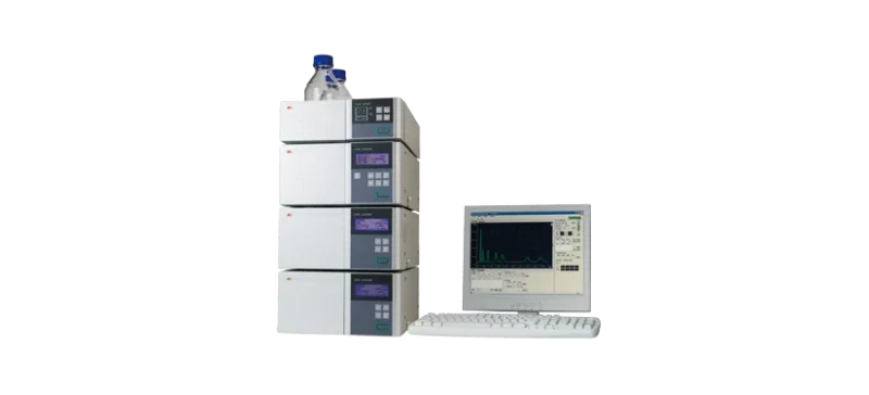 AELAB High-Performance Liquid Chromatography (HPLC) system with stacked pump and detector modules, connected to a computer displaying a chromatogram on the monitor.