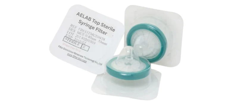 Top view of a sterile syringe filter with labeling and specifications by AELAB